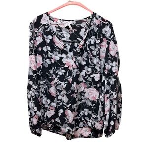 Joie Blouse Top Silk Black Pink Floral Long Sleeve Split Neck Lightweight Size S